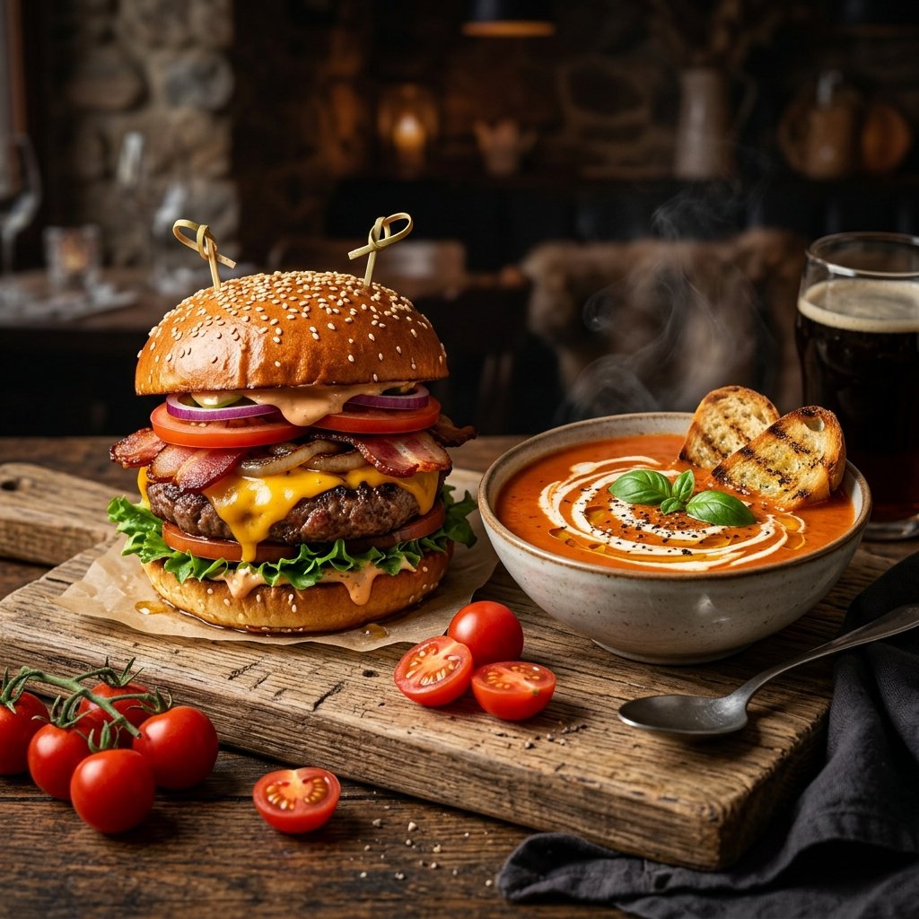Gourmet burger and steaming soup
